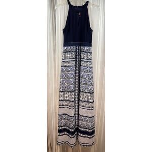 Vince Camuto Barktooth Sleeveless High Neck Maxi Dress Dark Blue  White Womens 6